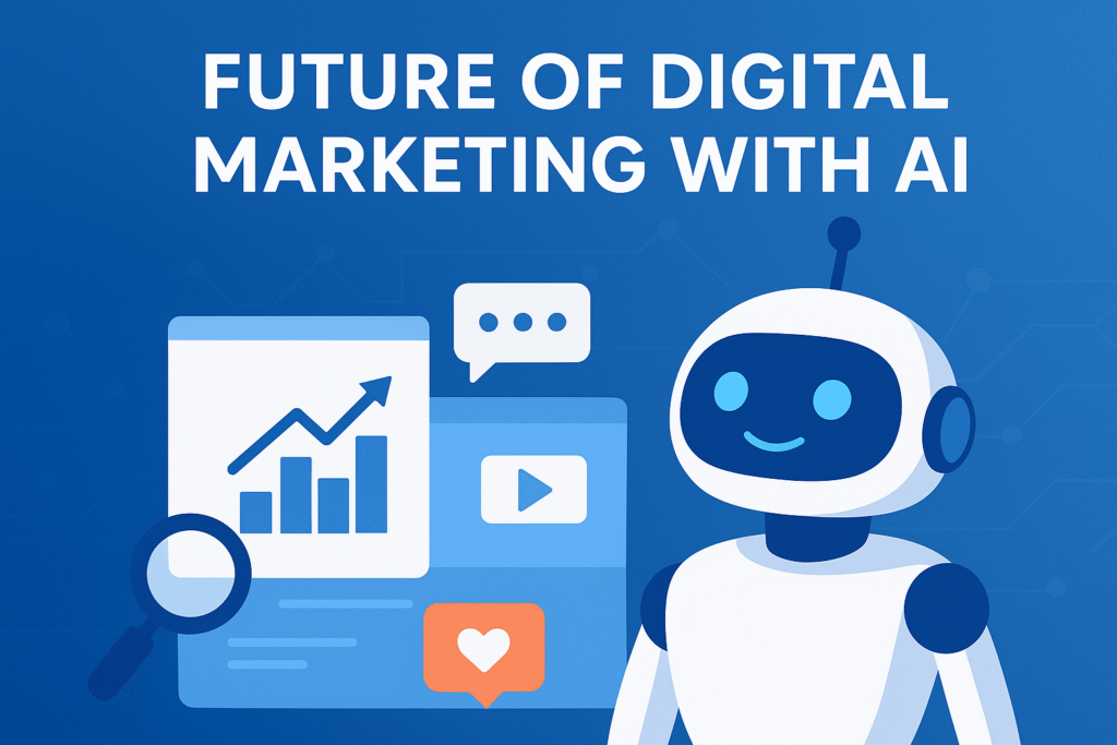 Digital marketing future with AI illustration showing chatbot, data analytics, and technology icons